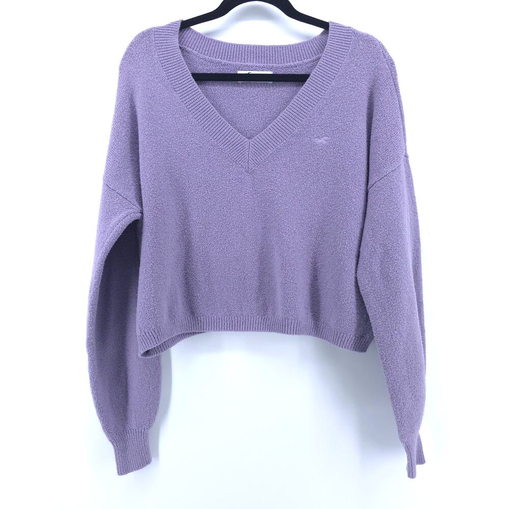 Hollister Womens Cozy Purple Cropped Relaxed Boxy Fit Balloon Sleeves V-Neck S